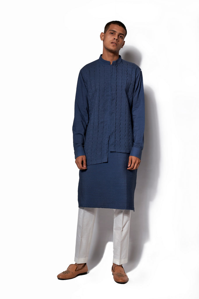 DENIM BLUE ASYMMETRICAL TEXTURED KURTA SET