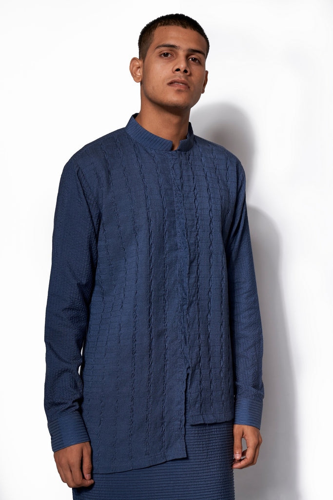 DENIM BLUE ASYMMETRICAL TEXTURED KURTA SET