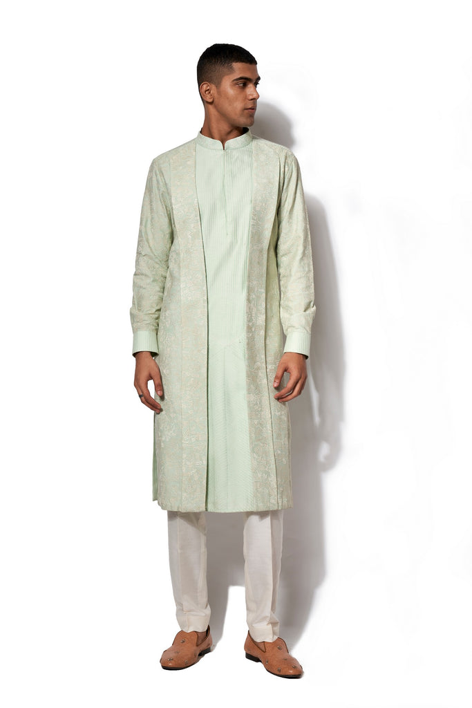 Pista Green Asymmetrical Embroidered Kurta Set