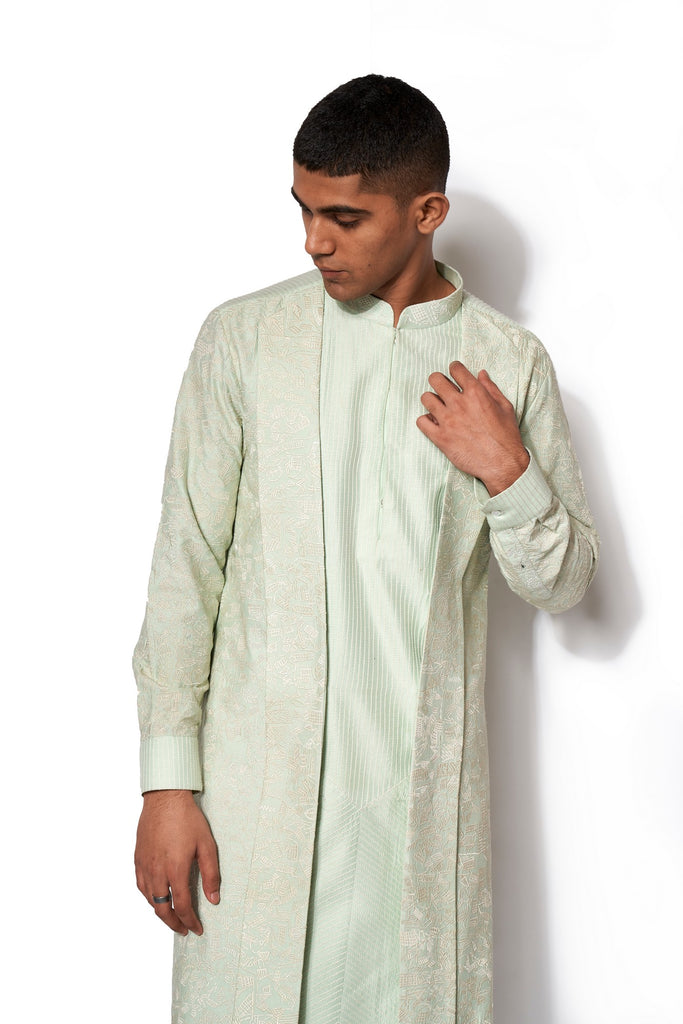 Pista Green Asymmetrical Embroidered Kurta Set
