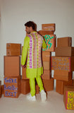 Neon Kurta with Shoulder Buttons Detailng, Straight Pants and Printed Bandi