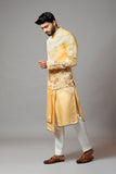Mustard Nehru jacket highlighted with placement floral embroidery.