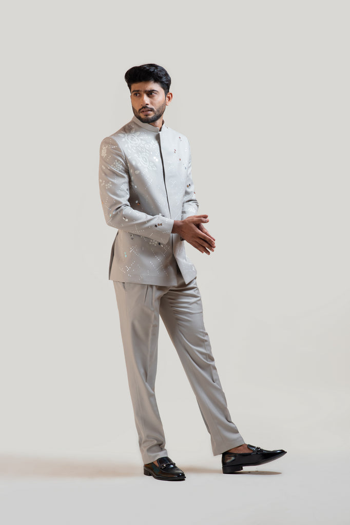 GREY APPLIQUE WORK PRINCE COAT