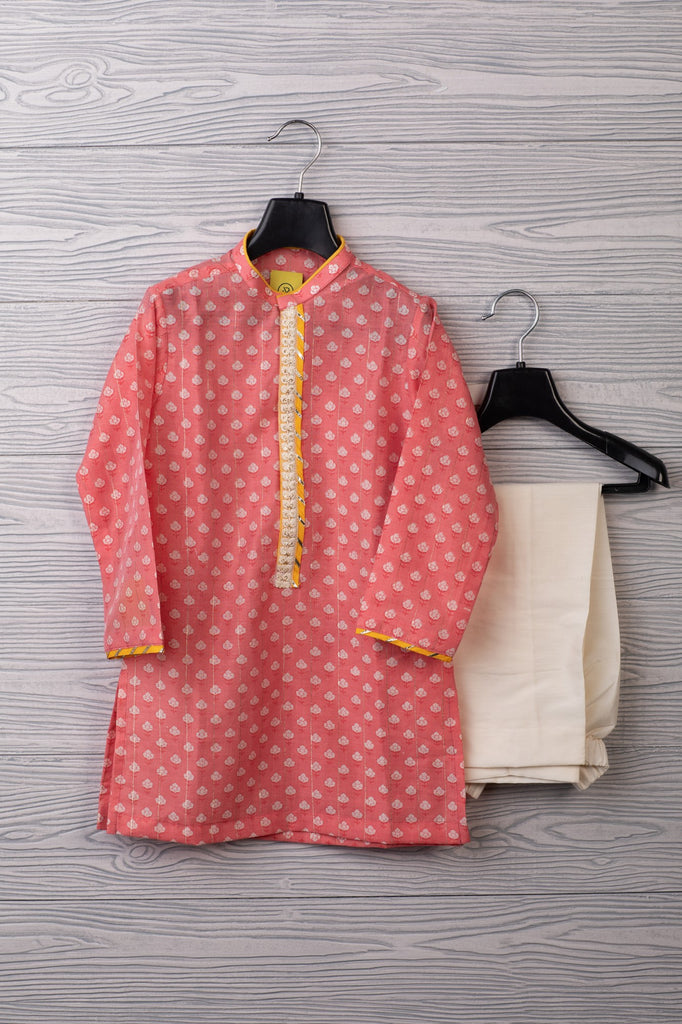 PINK WITH GOLD LINES AND WHITE FLOWER DETAIL KURTA SET