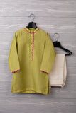 LIME GREEN  CHANDERI WITH GOLD LINES AND PINK DETAILING