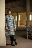 Powder Blue Ogee print silk kurta Set