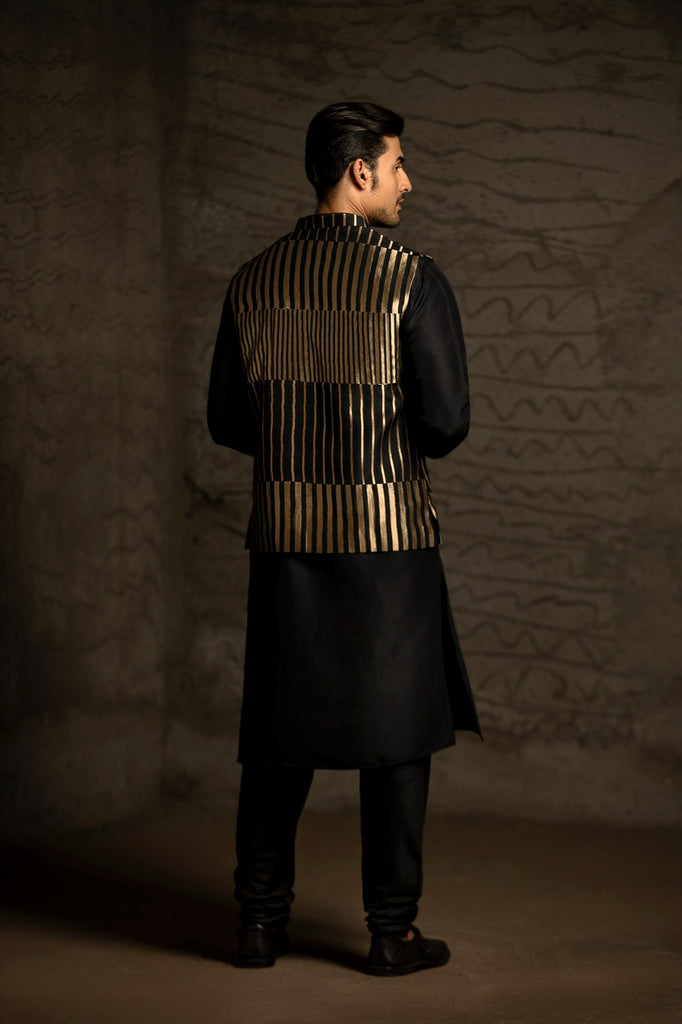 Black Stripe Brocade bandi with black silk kurta Set
