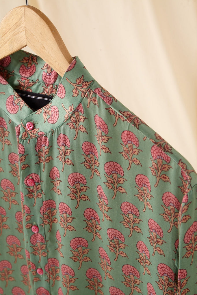 The Green Cotton-Silk Kurta Pajama Set with pink floral butis