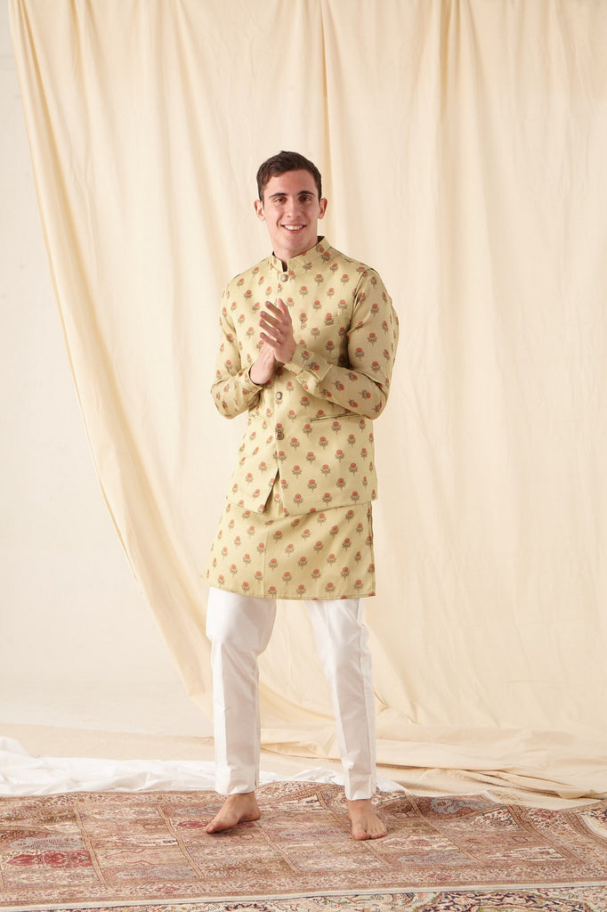The Mellow Green Flora-Motif Silk Kurta Pajama Set with matching Bandi