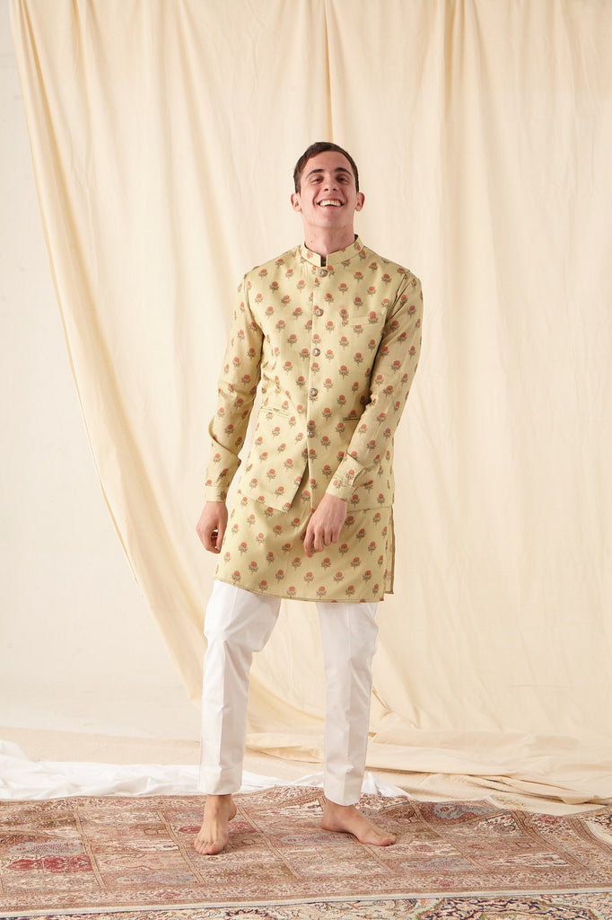 The Mellow Green Flora-Motif Silk Kurta Pajama Set with matching Bandi