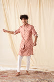 The Salmon Flora-Motif Silk Kurta Pajama Set with matching Bandi