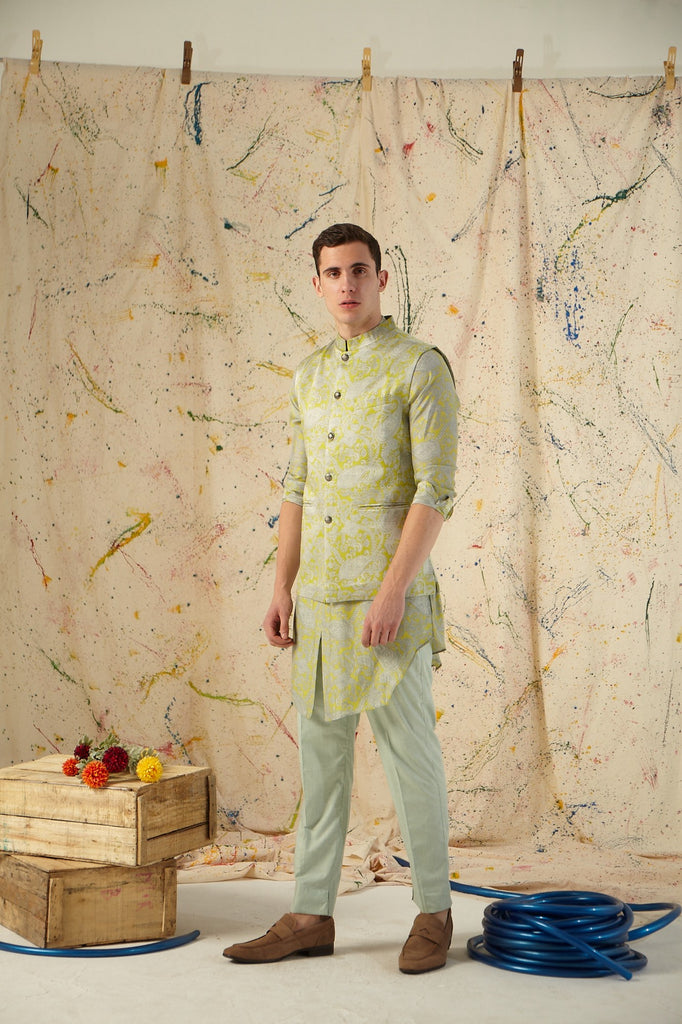 The Lime Power Paisley Cotton-Silk Kurta Pajama Set with matching Bandi