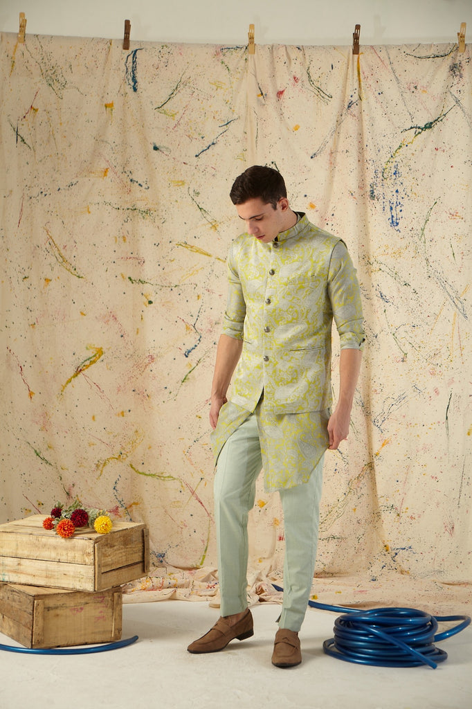 The Lime Power Paisley Cotton-Silk Kurta Pajama Set with matching Bandi