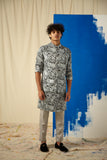 The Grey Power Paisley Cotton-Silk Kurta with Grey Pajama Set with matching Bandi