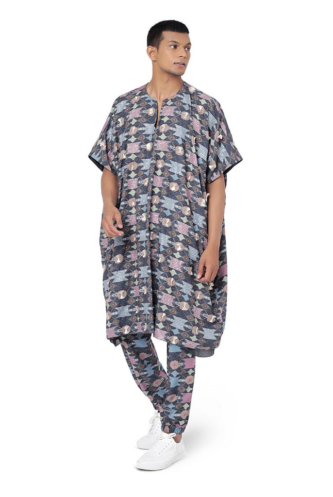 Navy Colour Cotton Rayon Oversized Kaftaan Top with Jogger Pant