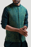 Green Silk Draped Kurta Set with a Moss Green Embroidered Nehru