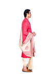 RED PAISLEY SHADED ANGRAKHA-STYLE KURTA WITH OFFWHITE DHOTI AND EMBROIDERED SHAWL