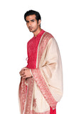 RED PAISLEY SHADED ANGRAKHA-STYLE KURTA WITH OFFWHITE DHOTI AND EMBROIDERED SHAWL