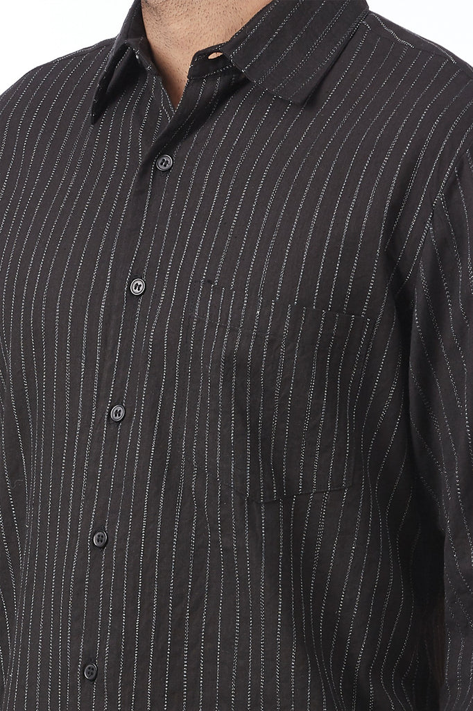 Black French-Cuff Regular-Fit Shirt With Embroidered Pinstripes